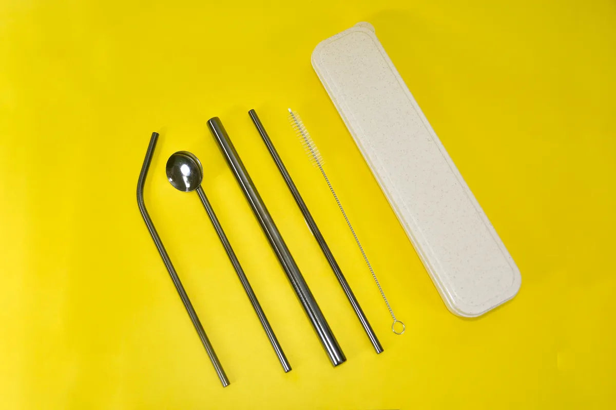 Set de Pitillo Acero x 4 + Caja en fibra de trigo