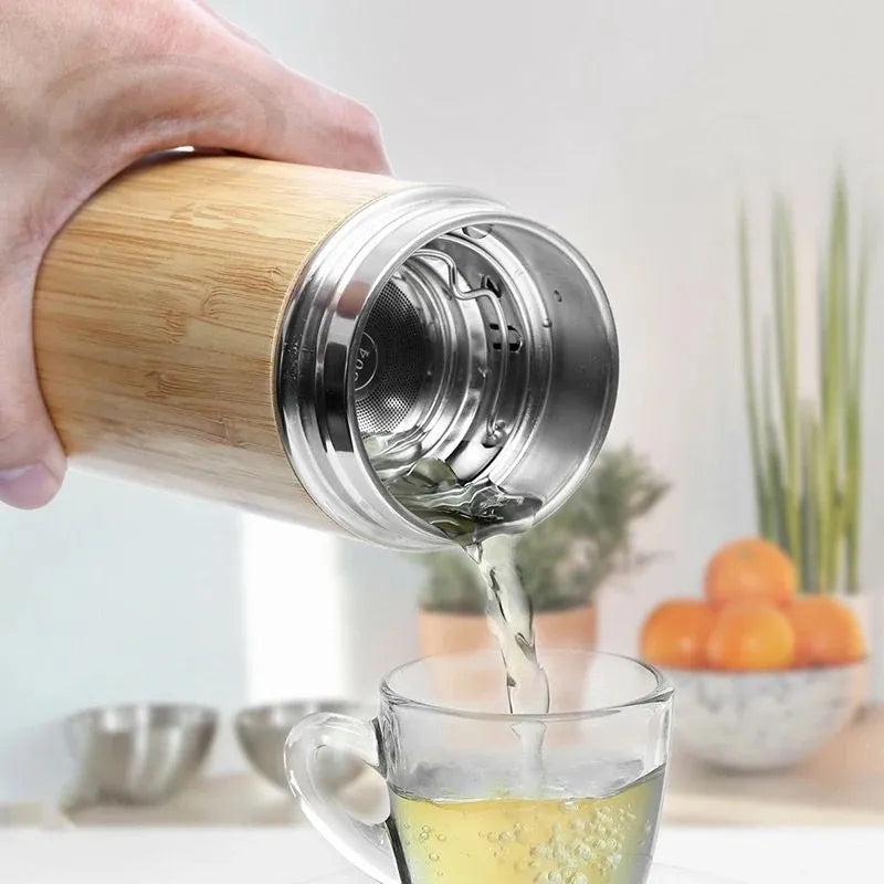 Termo Acero y Bambú con Canasta de Infusión